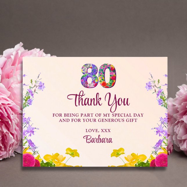 80th birthday floral thanks modern 80 years party postcard (Creator Uploaded)