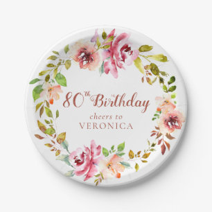 80th Birthday Floral Wreath Paper Plate