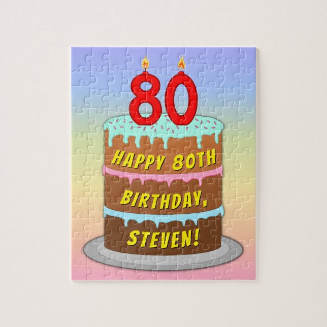 80th Birthday: Fun Cake and Candles + Custom Name Jigsaw Puzzle (Vertical)