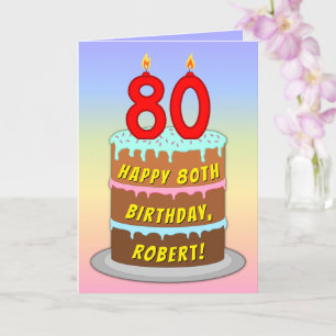 80th Birthday — Fun Cake & Candles, w/ Custom Name Card