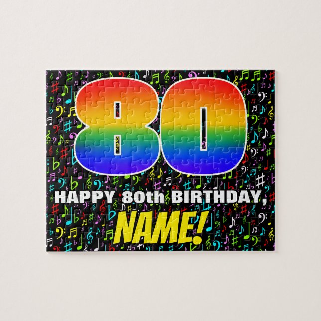 80th Birthday — Fun, Colourful Music Symbols & “80 Jigsaw Puzzle (Horizontal)