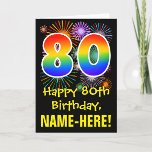 80th Birthday: Fun Fireworks Pattern + Rainbow 80 Card