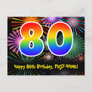 80th Birthday – Fun Fireworks Pattern + Rainbow 80 Postcard