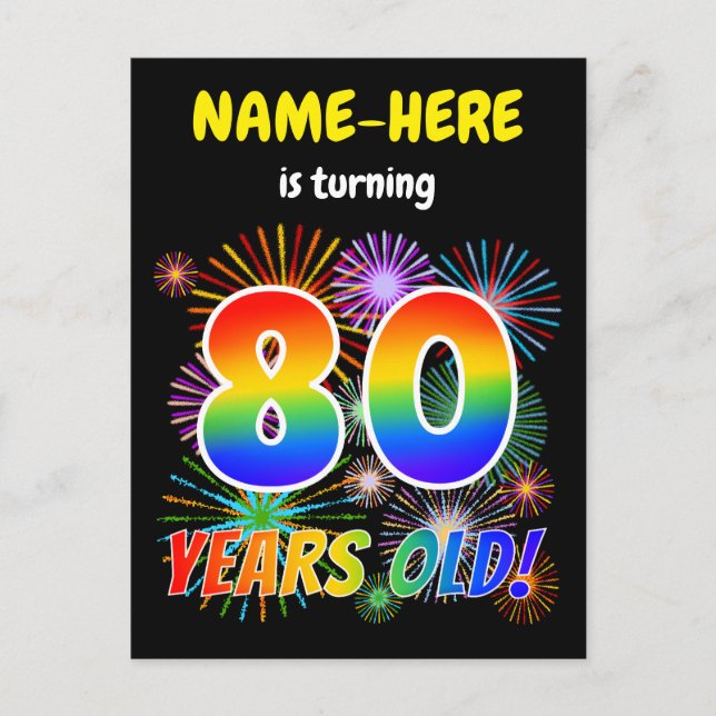80th Birthday - Fun Fireworks, Rainbow Look "80" Postcard (Front)