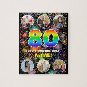 80th Birthday: Fun Rainbow #, Custom Name + Photos Jigsaw Puzzle
