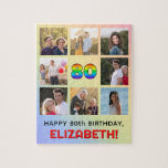 80th Birthday: Fun Rainbow #, Custom Name & Photos Jigsaw Puzzle<br><div class="desc">This cheerful and fun birthday themed jigsaw puzzle design features the number “80“ having a vibrant multicolored rainbow spectrum inspired gradient pattern, along with the message “HAPPY 80th BIRTHDAY, ” and a customisable recipient name. The background also features a rainbow spectrum inspired gradient pattern, made up of various shades of...</div>
