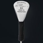 80th Birthday Funny Golfer Personalised Name Golf Head Cover<br><div class="desc">80th Birthday Funny Golfer Personalised Name features a funny golf cartoon with your personalised name and age with the text "aged to perfection" in modern black script. Personalise by editing the text boxes provided. Designed by ©Evco Studio www.zazzle.com/store/evcostudio</div>