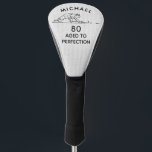 80th Birthday Funny Golfer Personalised Name Golf Head Cover<br><div class="desc">80th Birthday Funny Golfer Personalised Name features a funny golf cartoon with your personalised name and age with the text "aged to perfection" in modern black script. Personalise by editing the text boxes provided. Designed by ©Evco Studio www.zazzle.com/store/evcostudio</div>