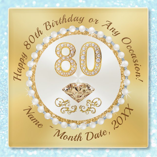80th Birthday Gift Ideas for Mum, Friends, Family Glass Coaster (Personalized 80th birthday gifts. 80th birthday gifts for her.  80th birthday gift ideas. Diamond.)