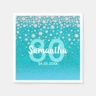 80th birthday glitter teal blue green monogram napkin