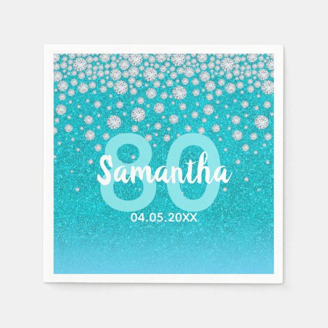 80th birthday glitter teal blue green monogram napkin (Front)