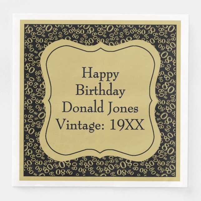 80th Birthday Gold/Black Bracket Number Pattern Napkin (Front)