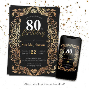 80th Birthday Gold Black Glamourous Boho Elegant Invitation