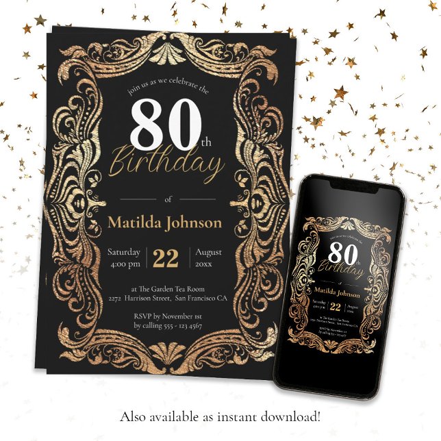 80th Birthday Gold Black Glamourous Boho Elegant Invitation (80th Birthday Gold Black Glamorous Boho Elegant Invitation)