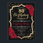 80th Birthday - Gold Black Red Roses Invitation<br><div class="desc">80th birthday celebration invitation.
Elegant black design with faux glitter gold and red roses.
Perfect for an elegant birthday party. Can be customized into any age.</div>