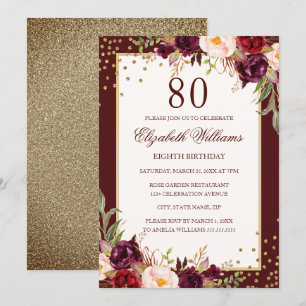 80th Birthday Gold Burgundy Floral Invitation