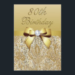80th Birthday Gold Faux Sequins and Bow Invitation<br><div class="desc">Elegant custom personalised 80th Birthday party celebration invitations with a beautiful glittery golden printed image sequins jewels, gems pattern, cute shiny gold printed bows and ribbons images and pretty digital diamonds bling jewels on a chic gold gradient background with brown text. These classy, glamourous, glitz and glamour invites for Eightieth...</div>