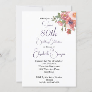 80th Birthday Gold Floral Pink Rose Elegant Invitation