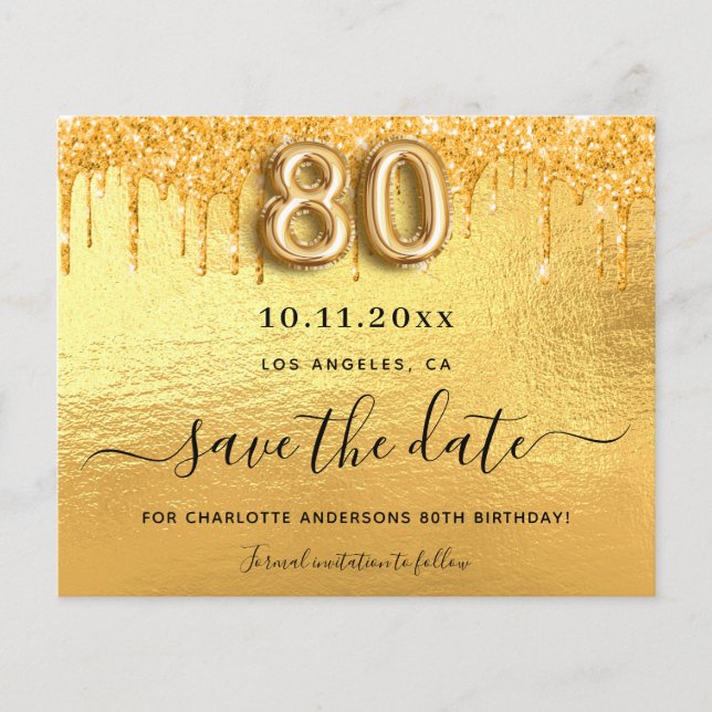 80th birthday gold glitter budget save the date flyer (Front)