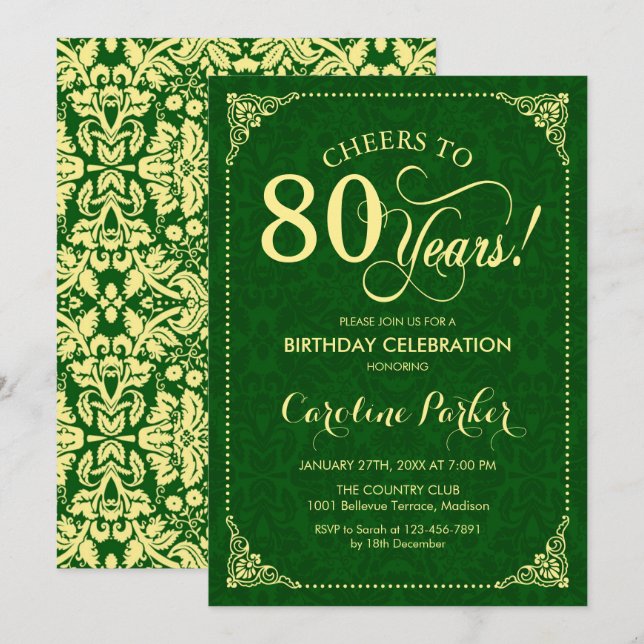 80th Birthday - Gold Green Damask Invitation (Front/Back)