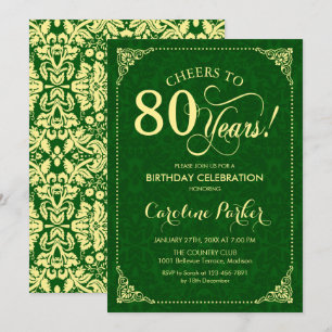 80th Birthday - Gold Green Damask Invitation