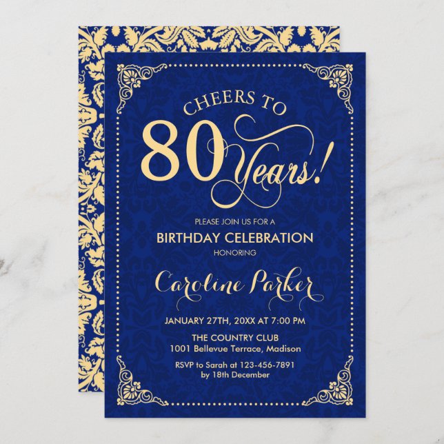 80th Birthday - Gold Navy Damask Invitation (Front/Back)