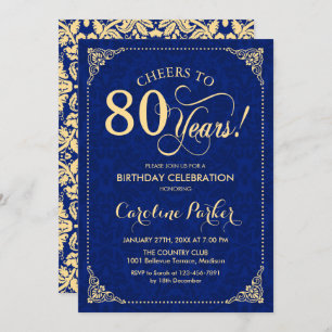 80th Birthday - Gold Navy Damask Invitation