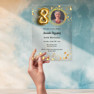 80th birthday gold photo stars clear acrylic invitations
