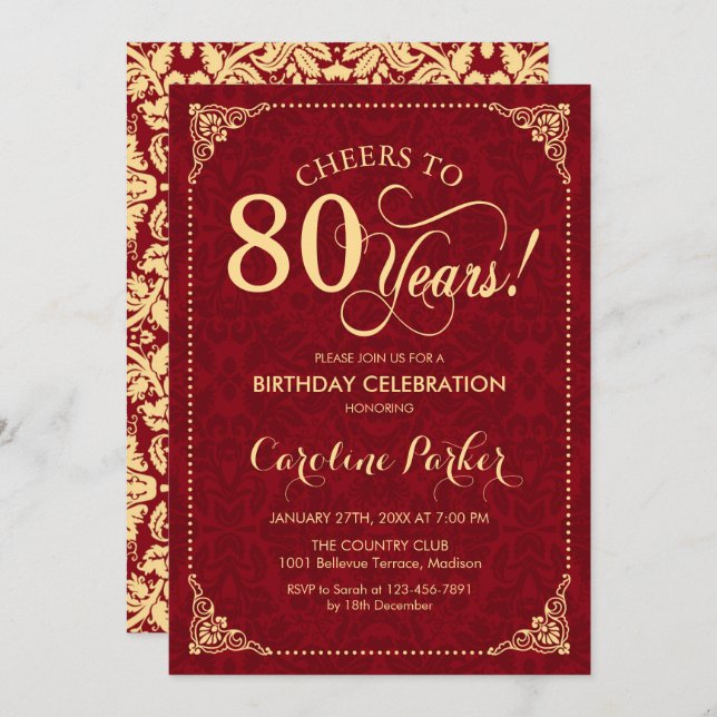 80th Birthday - Gold Red Damask Invitation (Front/Back)