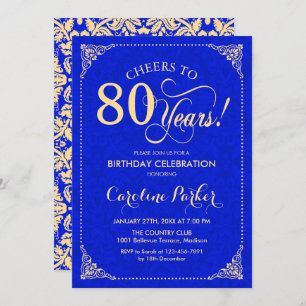 80th Birthday - Gold Royal Blue Damask Invitation