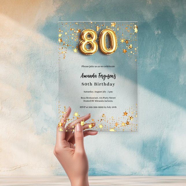 80th birthday gold stars clear acrylic invitations (Creator Uploaded)