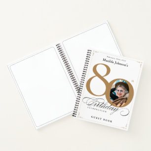 80th Birthday Gold White Script Elegant Guestbook Notebook
