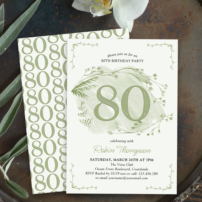 80th Birthday Green Dainty Wildflower Number 80 Invitation (80th Birthday Invitation - buy professionally printed or as digital download for printing or sharing)