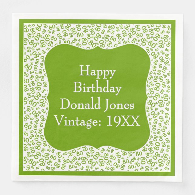 80th Birthday Green/White Bracket Number Pattern Napkin (Front)
