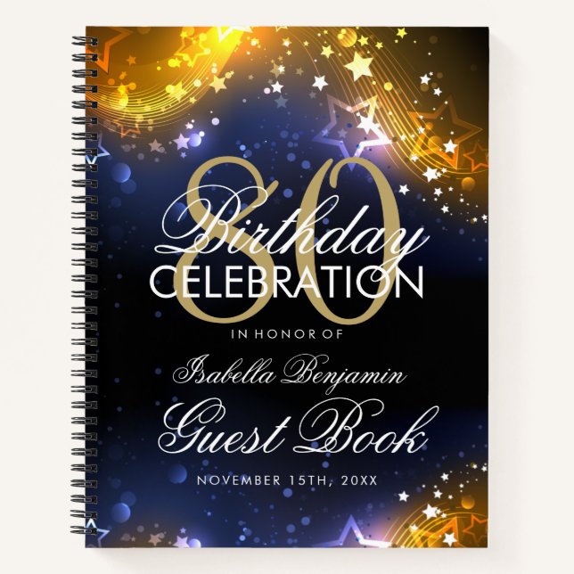 80th Birthday Guestbook Party Sparkles Gold Notebook (Front)