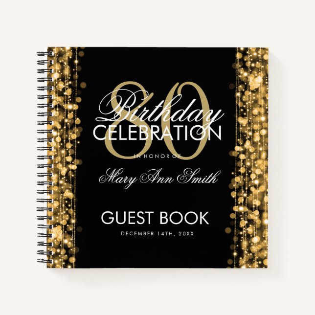 80th Birthday Guestbook Party Sparkles Gold Notebook (Front)