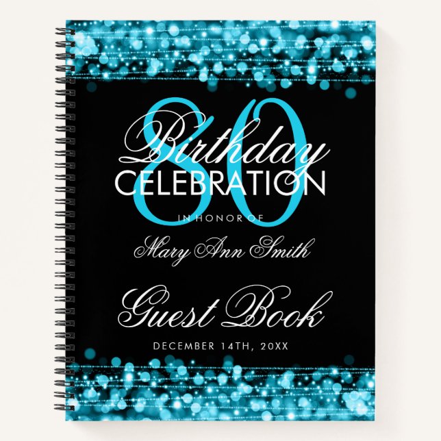 80th Birthday Guestbook Party Sparkles Teal Notebook (Front)