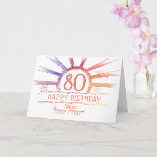 80th Birthday - hand drawn multi-coloured sunburst Card