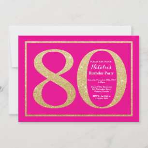 80th Birthday Hot Pink and Gold Glitter Invitation