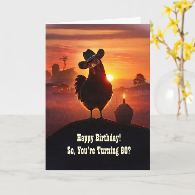 80th Birthday Humourous Chicken  Card (Yellow Flower)