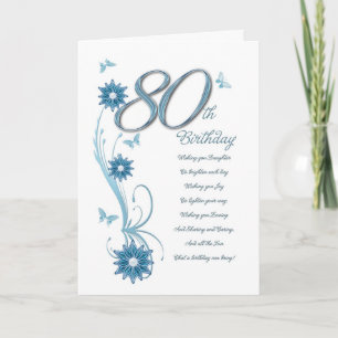 80th birthday in teal with flowers and butterfly card