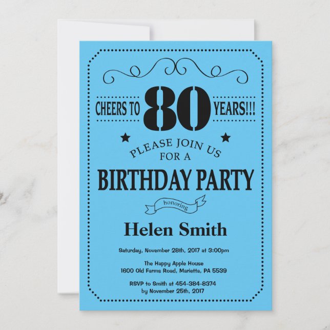 80th Birthday Invitation Black and Blue (Front)