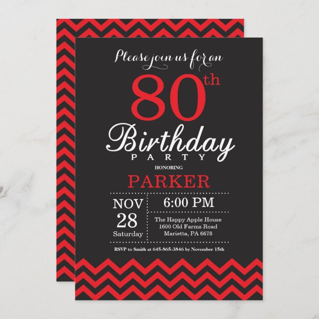 80th Birthday Invitation Black and Red (Front/Back)