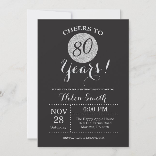 80th Birthday Invitation Black and Silver Glitter (Front)