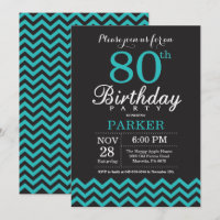 80th Birthday Invitation Black and Teal