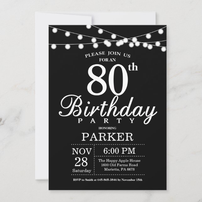 80th Birthday Invitation Black and White (Front)
