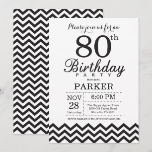 80th Birthday Invitation Black and White Chevron