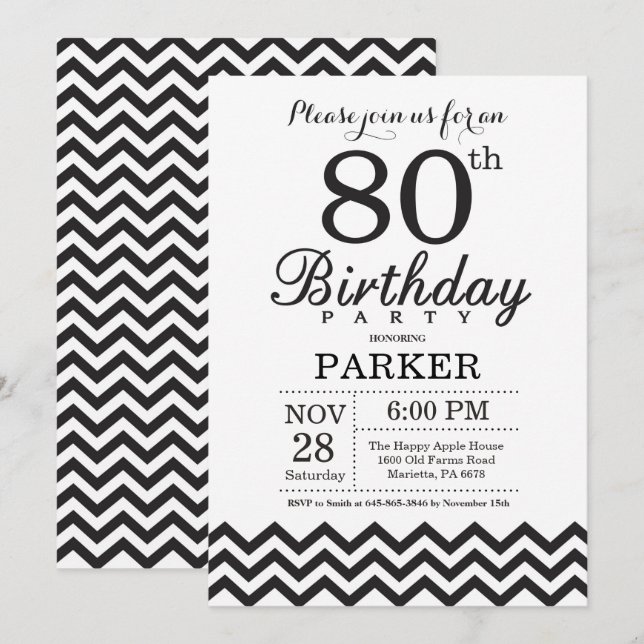 80th Birthday Invitation Black and White Chevron (Front/Back)