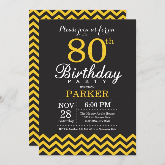 80th Birthday Invitation Black and Yellow Chevron (Front/Back)