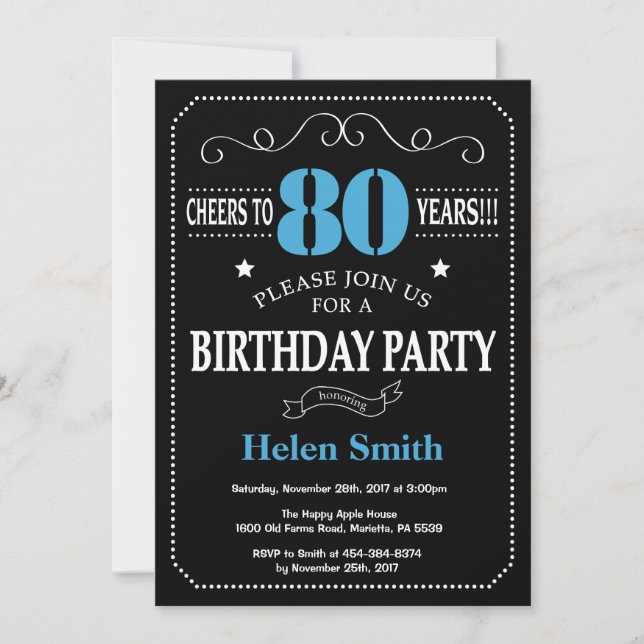 80th Birthday Invitation Blue and Black Chalkboard (Front)